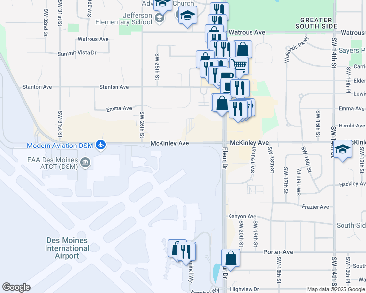 map of restaurants, bars, coffee shops, grocery stores, and more near Northeast Service Road in Des Moines