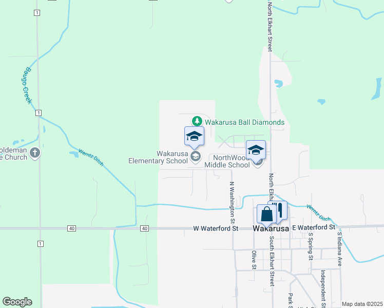 map of restaurants, bars, coffee shops, grocery stores, and more near 400 North Washington Street in Wakarusa