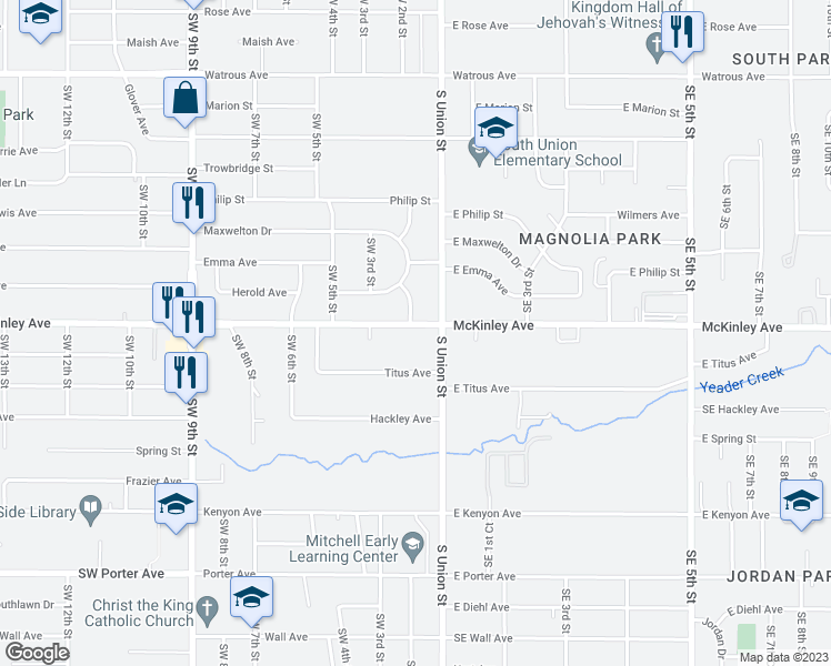 map of restaurants, bars, coffee shops, grocery stores, and more near 116 McKinley Avenue in Des Moines