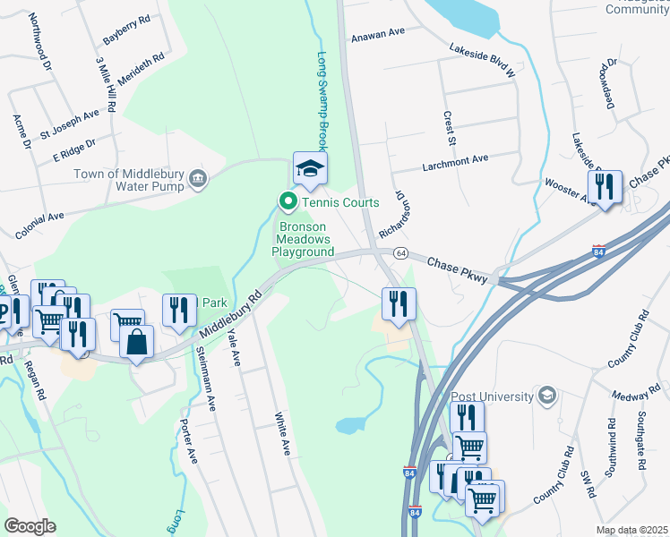 map of restaurants, bars, coffee shops, grocery stores, and more near 109 Middlebury Road in Middlebury