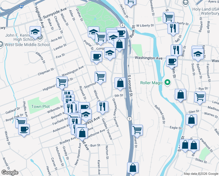 map of restaurants, bars, coffee shops, grocery stores, and more near 1162 Bank Street in Waterbury