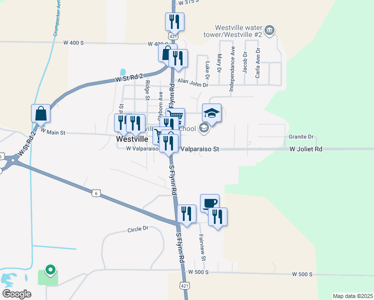 map of restaurants, bars, coffee shops, grocery stores, and more near 1-167 E Valparaiso St in Westville