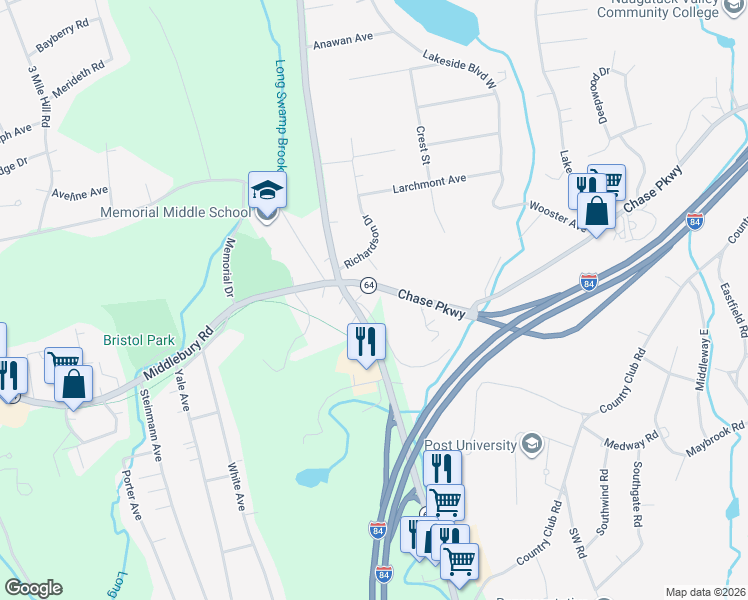 map of restaurants, bars, coffee shops, grocery stores, and more near 2 Old Waterbury Road in Middlebury