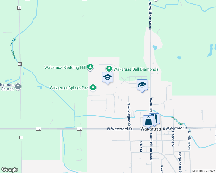 map of restaurants, bars, coffee shops, grocery stores, and more near 400 North Washington Street in Wakarusa