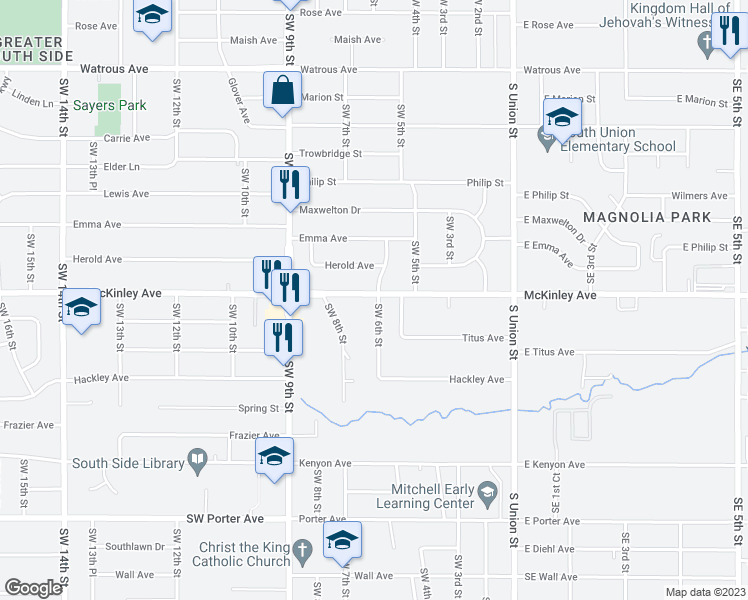 map of restaurants, bars, coffee shops, grocery stores, and more near 600 McKinley Avenue in Des Moines