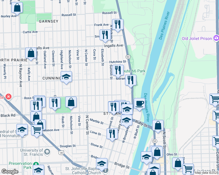 map of restaurants, bars, coffee shops, grocery stores, and more near 914 Elizabeth Street in Joliet