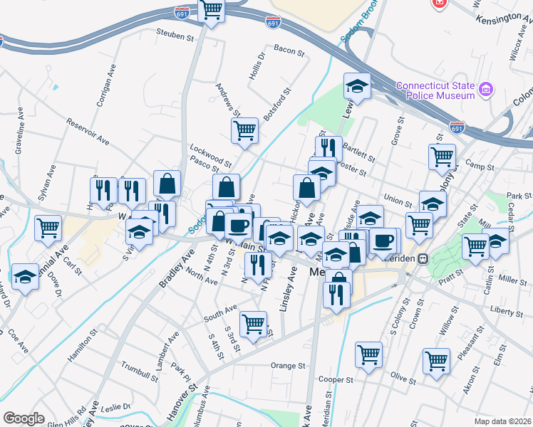 map of restaurants, bars, coffee shops, grocery stores, and more near 57 Windsor Avenue in Meriden