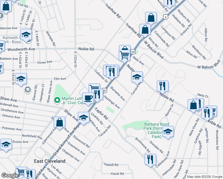 map of restaurants, bars, coffee shops, grocery stores, and more near 15776 Euclid Avenue in East Cleveland