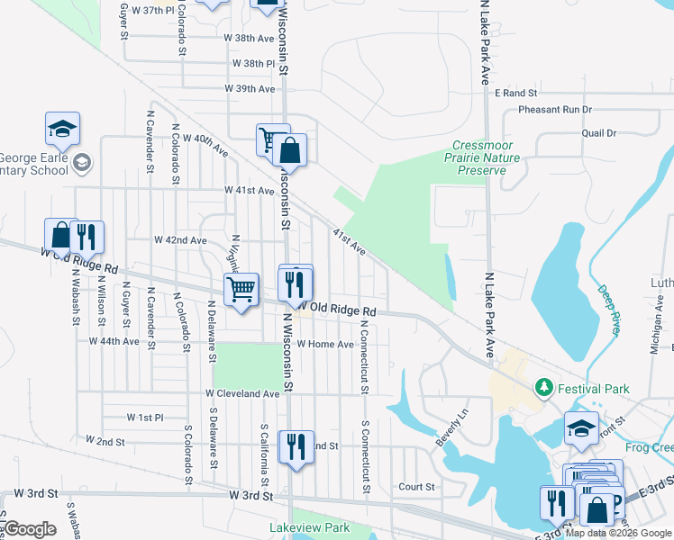 map of restaurants, bars, coffee shops, grocery stores, and more near 237 N Pennsylvania St in Hobart