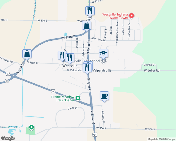 map of restaurants, bars, coffee shops, grocery stores, and more near 0 East Valparaiso Street in Westville