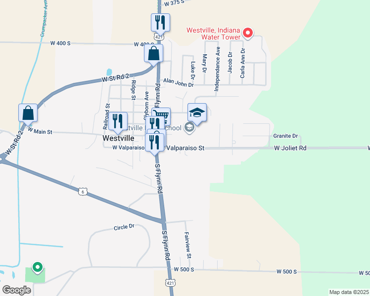 map of restaurants, bars, coffee shops, grocery stores, and more near 167 East Valparaiso Street in Westville