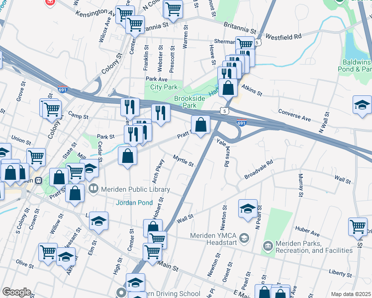 map of restaurants, bars, coffee shops, grocery stores, and more near 208 Hobart Street in Meriden