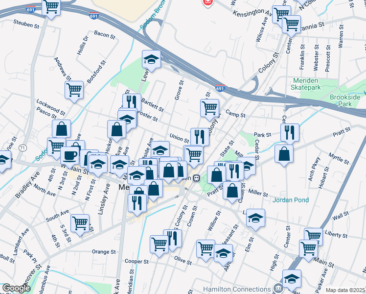 map of restaurants, bars, coffee shops, grocery stores, and more near 16 Union Street in Meriden