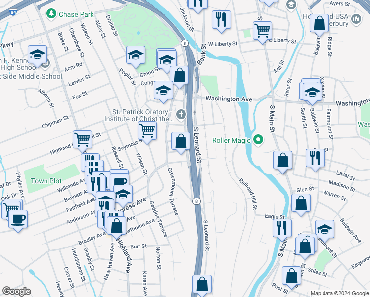 map of restaurants, bars, coffee shops, grocery stores, and more near 28 3rd Street in Waterbury