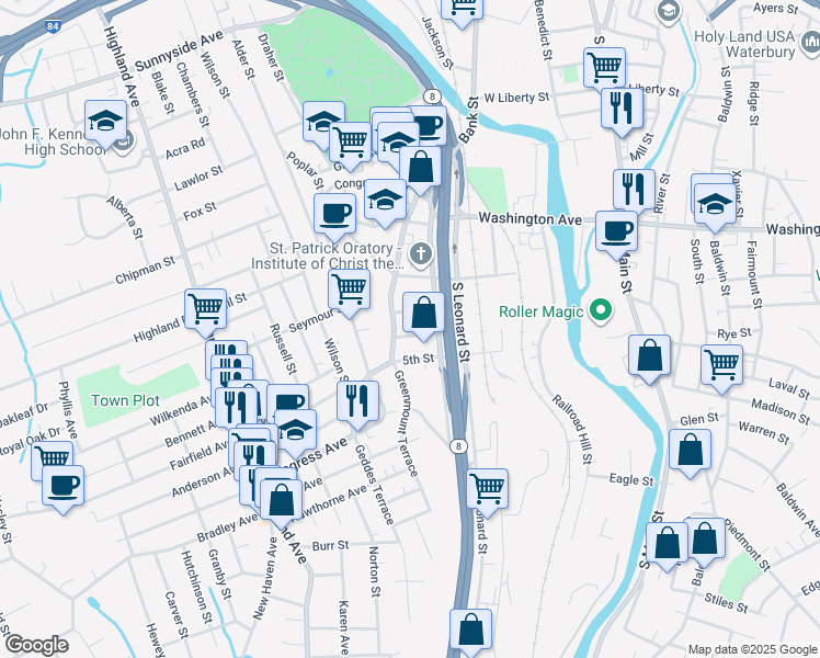 map of restaurants, bars, coffee shops, grocery stores, and more near 28 3rd Street in Waterbury