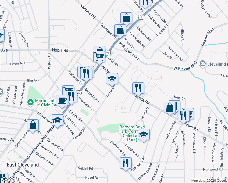 map of restaurants, bars, coffee shops, grocery stores, and more near 16000 Terrace Road in East Cleveland