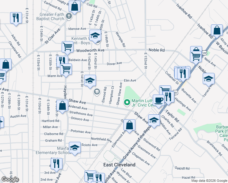 map of restaurants, bars, coffee shops, grocery stores, and more near 1334 Hampton Road in East Cleveland
