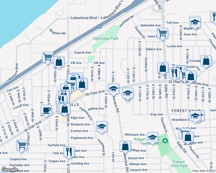 map of restaurants, bars, coffee shops, grocery stores, and more near 592 East 110th Street in Cleveland