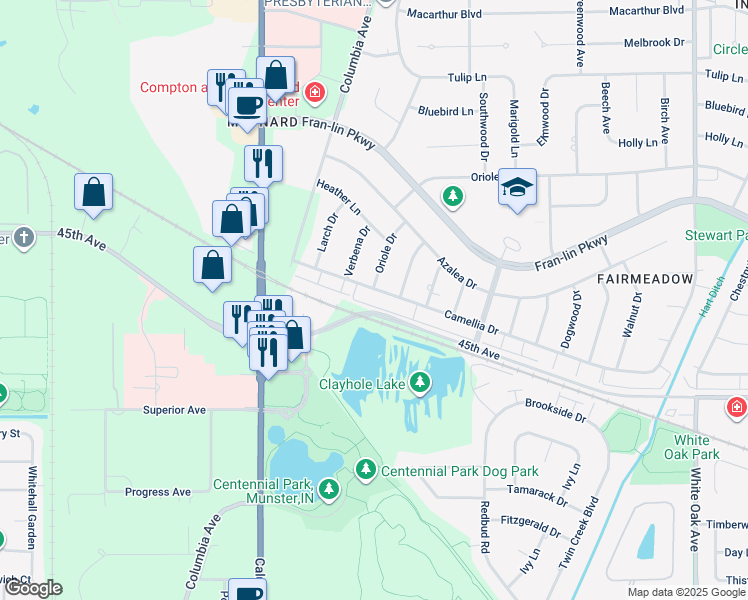 map of restaurants, bars, coffee shops, grocery stores, and more near 1028-1032 Camellia Drive in Munster