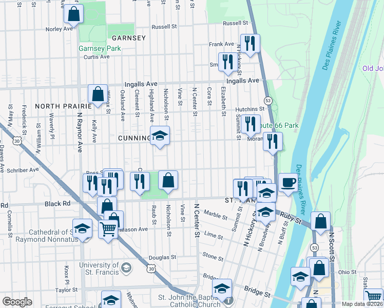 map of restaurants, bars, coffee shops, grocery stores, and more near 919 North Center Street in Joliet