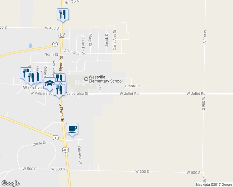 map of restaurants, bars, coffee shops, grocery stores, and more near 956 East Valparaiso Street in Westville