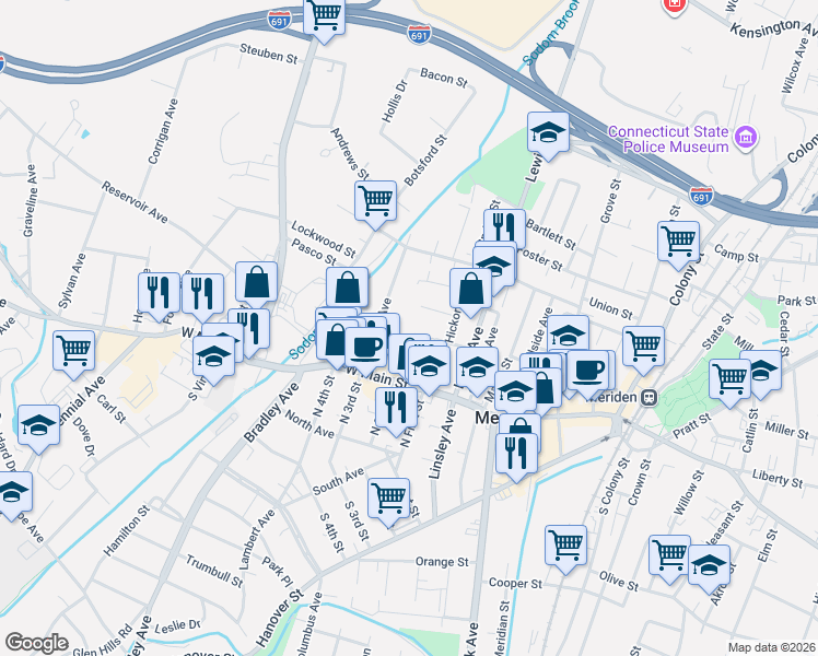 map of restaurants, bars, coffee shops, grocery stores, and more near 57 Windsor Avenue in Meriden