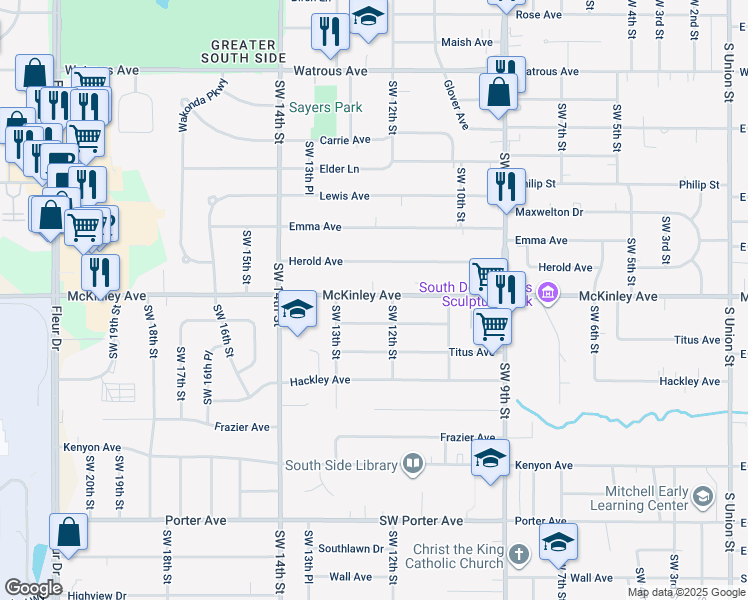 map of restaurants, bars, coffee shops, grocery stores, and more near 1214 McKinley Avenue in Des Moines