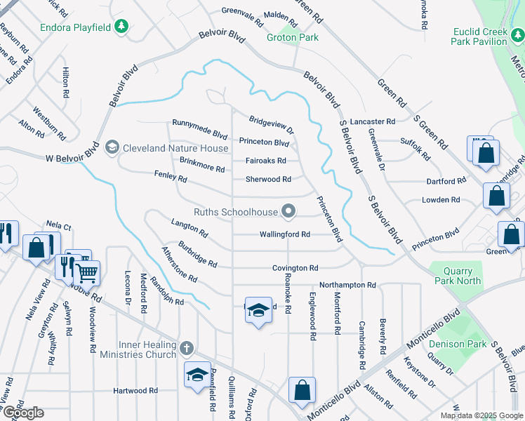 map of restaurants, bars, coffee shops, grocery stores, and more near 3778 Freemont Road in South Euclid