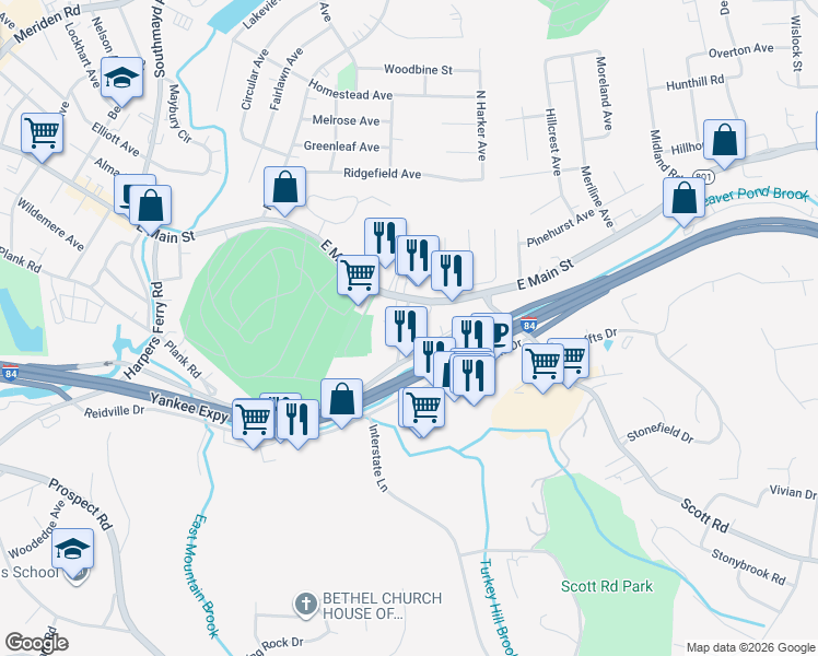 map of restaurants, bars, coffee shops, grocery stores, and more near 37 Bryan Street in Waterbury