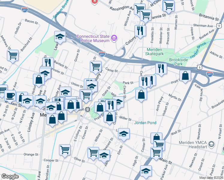map of restaurants, bars, coffee shops, grocery stores, and more near 161 State Street in Meriden