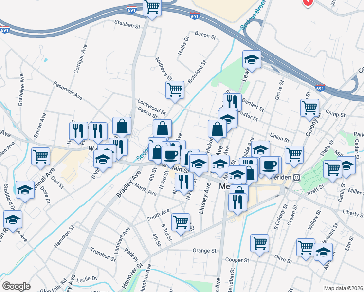 map of restaurants, bars, coffee shops, grocery stores, and more near 57 Windsor Avenue in Meriden