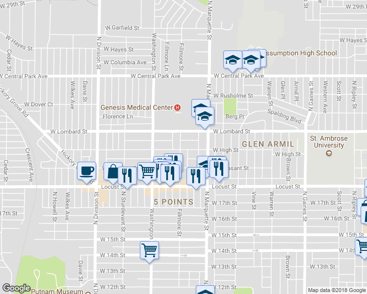 map of restaurants, bars, coffee shops, grocery stores, and more near 2105 North Fillmore Street in Davenport
