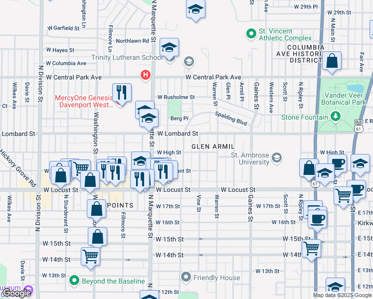 map of restaurants, bars, coffee shops, grocery stores, and more near 2105 North Myrtle Street in Davenport