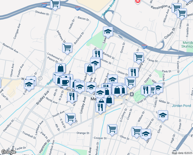map of restaurants, bars, coffee shops, grocery stores, and more near 95 Goodwill Avenue in Meriden
