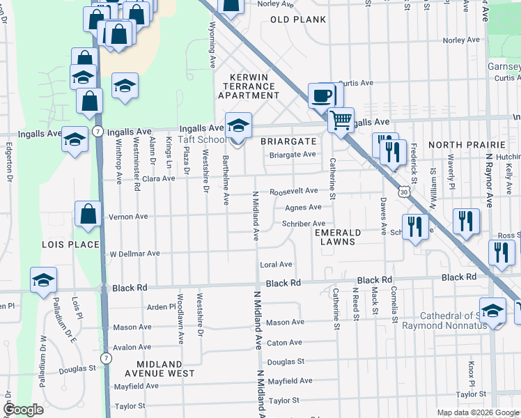 map of restaurants, bars, coffee shops, grocery stores, and more near 1000 North Midland Avenue in Joliet