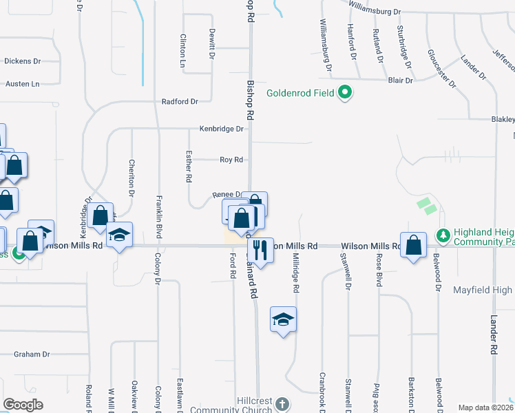 map of restaurants, bars, coffee shops, grocery stores, and more near 766 Bishop Road in Highland Heights