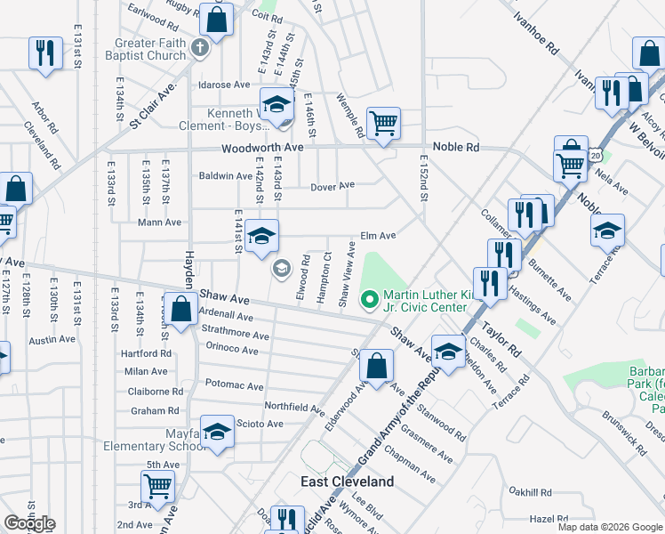 map of restaurants, bars, coffee shops, grocery stores, and more near 1330 Shaw View Avenue in East Cleveland
