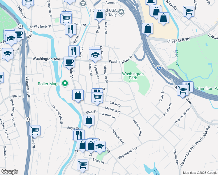 map of restaurants, bars, coffee shops, grocery stores, and more near 107 Fairmount Street in Waterbury