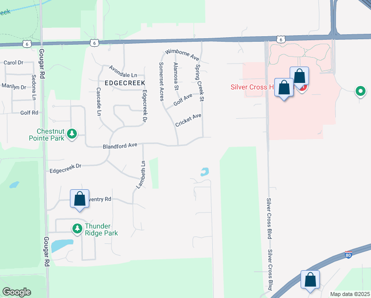 map of restaurants, bars, coffee shops, grocery stores, and more near 3500 Blandford Avenue in New Lenox