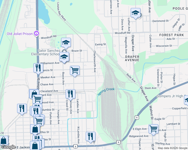 map of restaurants, bars, coffee shops, grocery stores, and more near 719 Meeker Avenue in Joliet
