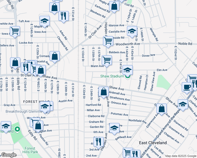 map of restaurants, bars, coffee shops, grocery stores, and more near 13518 Beaumont Street in East Cleveland