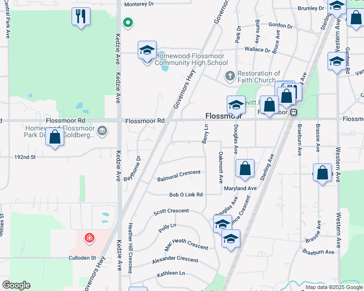 map of restaurants, bars, coffee shops, grocery stores, and more near 2936 Sunset Avenue in Flossmoor