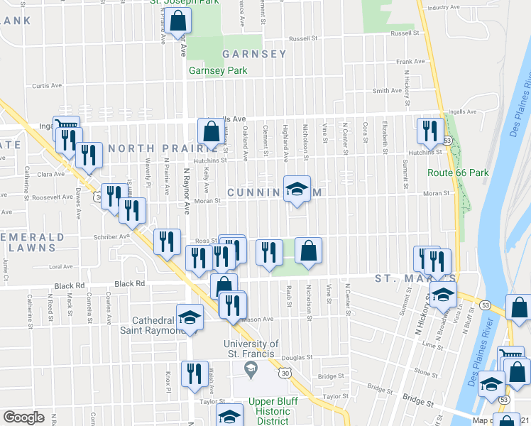 map of restaurants, bars, coffee shops, grocery stores, and more near 917 Clement Street in Joliet