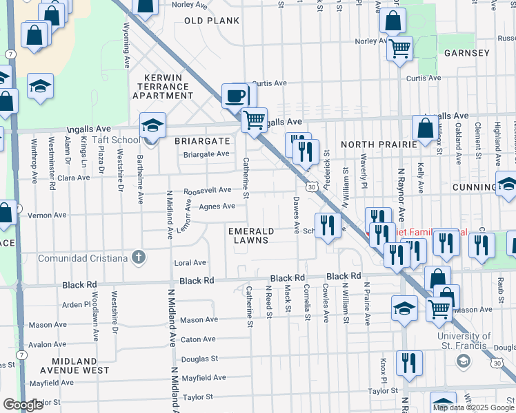 map of restaurants, bars, coffee shops, grocery stores, and more near 917 Ronnie Court in Joliet