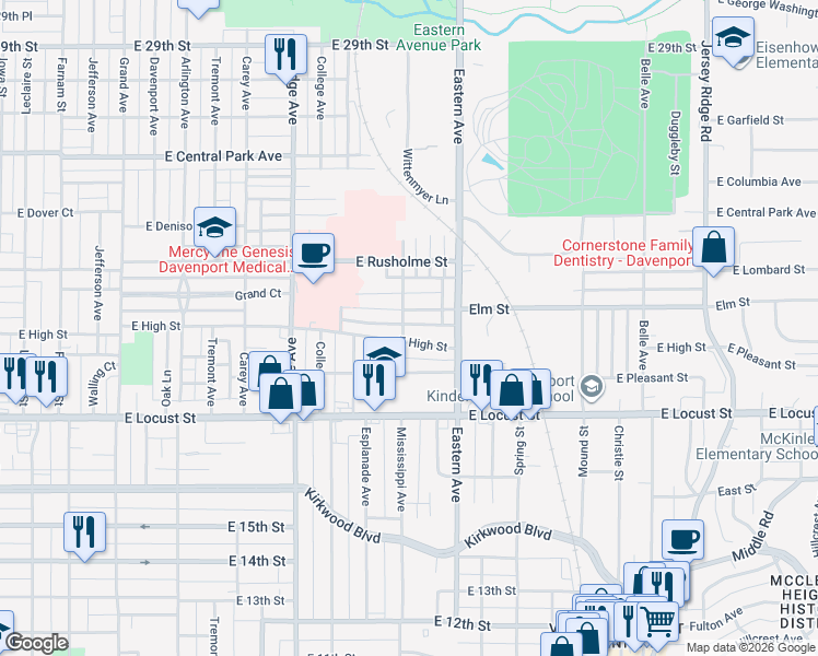 map of restaurants, bars, coffee shops, grocery stores, and more near 2111 Mississippi Avenue in Davenport