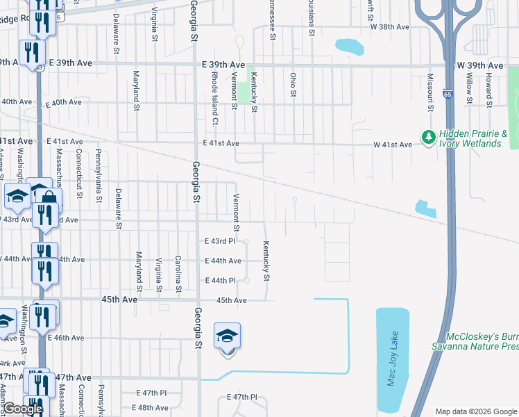 map of restaurants, bars, coffee shops, grocery stores, and more near 4260 Kentucky Street in Gary