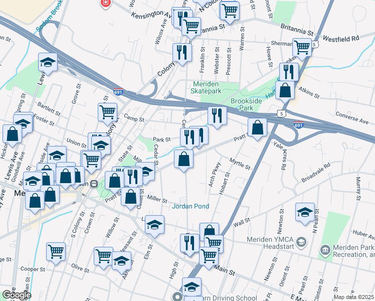 map of restaurants, bars, coffee shops, grocery stores, and more near 255 Center Street in Meriden