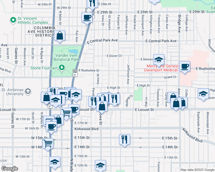 map of restaurants, bars, coffee shops, grocery stores, and more near 2104 Leclaire Street in Davenport