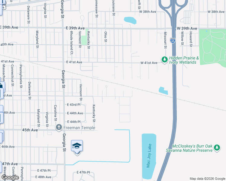 map of restaurants, bars, coffee shops, grocery stores, and more near 4264 Louisiana Street in Gary