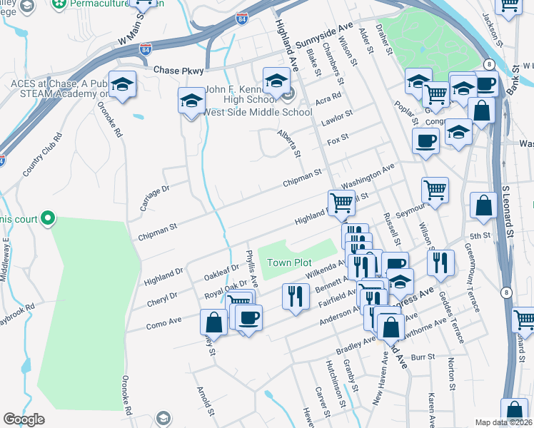 map of restaurants, bars, coffee shops, grocery stores, and more near 852 Washington Avenue Extension in Waterbury